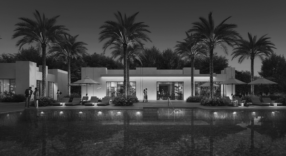 Luxury residential villa exterior with palm trees